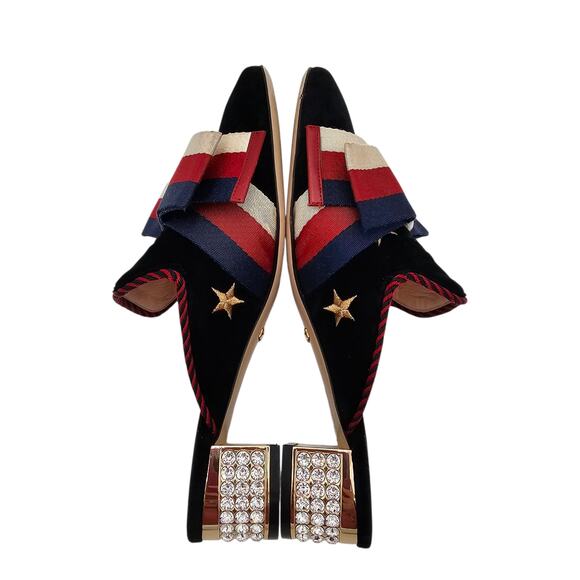 Gucci Sylvie Mule Slipper Black Velvet Star Web Stripe Bow Size 36.5 US 6.5 - Picture 7 of 11
